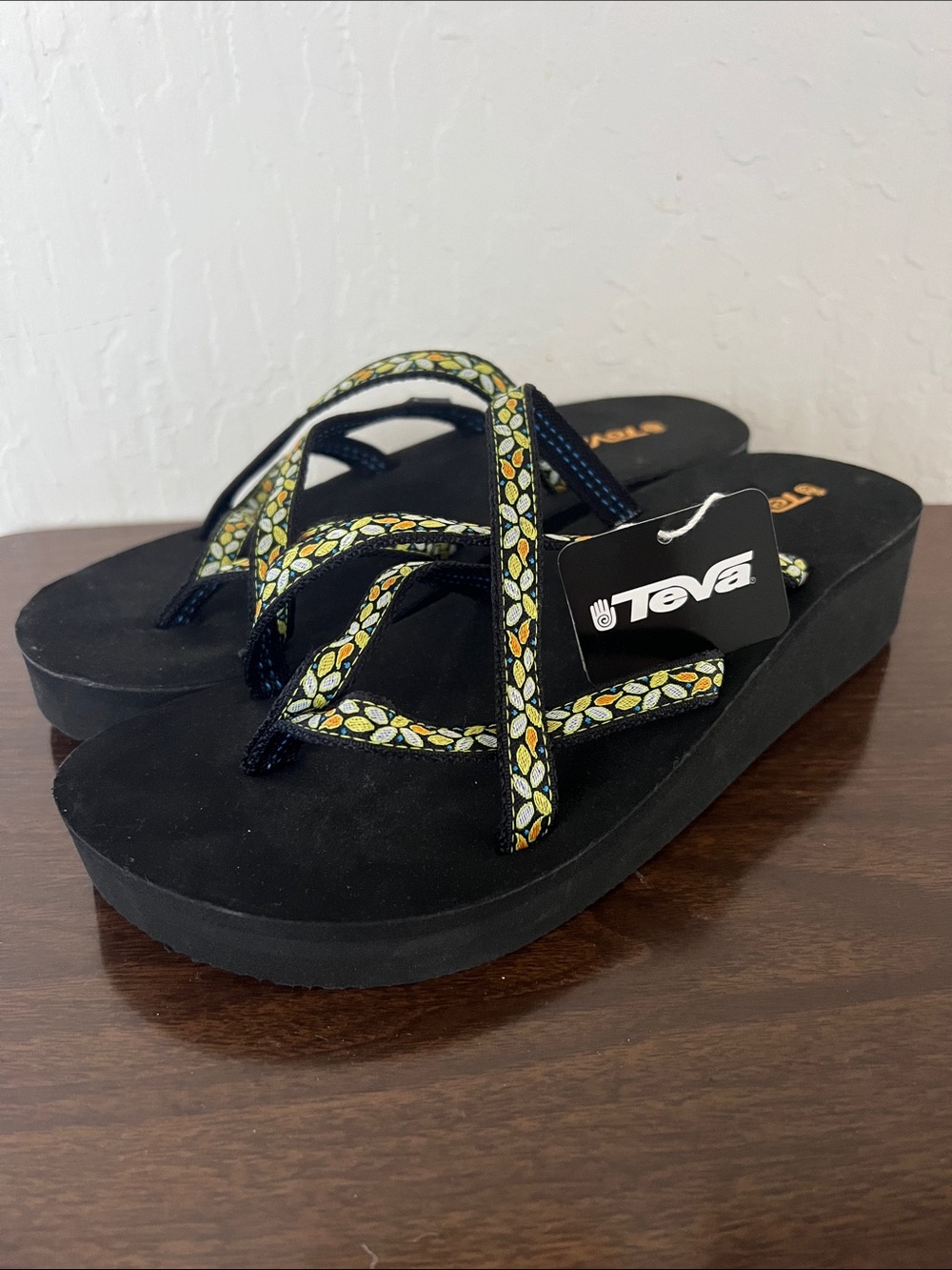 Teva New With Tags Black Platform Sandals with Yellow Floral Straps Size 9 - Picture 2 of 10